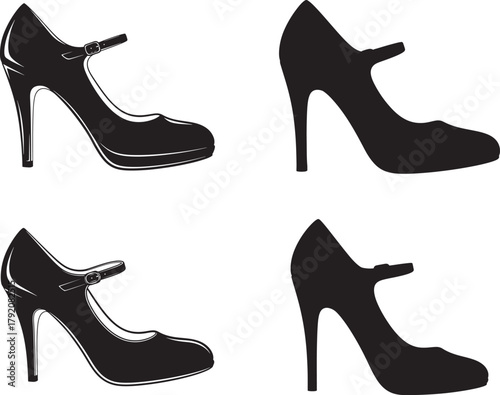 Four black silhouette high heel mary jane shoes