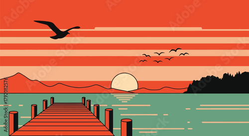 Vibrant sunset over lake with pier, birds flying, creating a peaceful scene