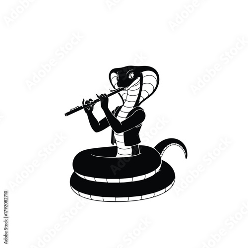 Silhouette of snake charmer isolated on white background reptile playing flute animal cartoon serpent magician performer