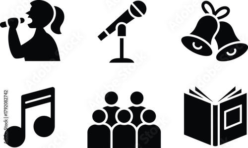 Christmas music and choir silhouette icons set. singing carolers, microphone, bells, musical note vector illustration