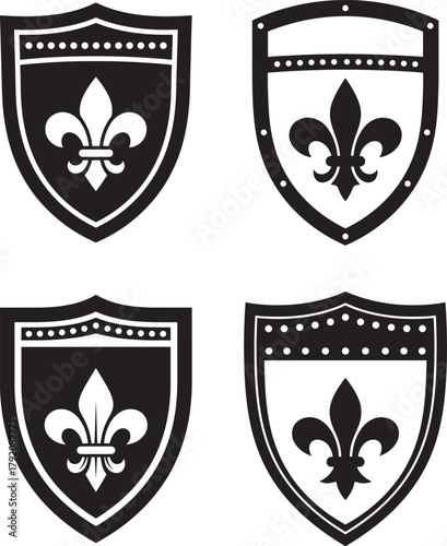Four heraldic shields with fleur de lis symbols silhouette