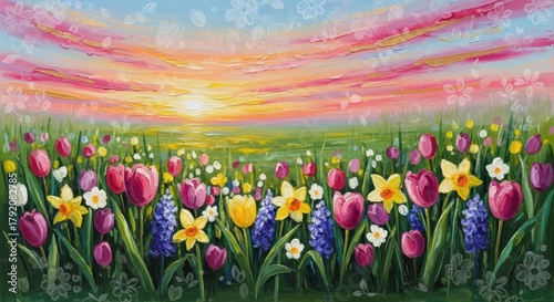 Vibrant Spring Meadow Sunrise Oil Painting, Flowers, Tulips, Daffodils