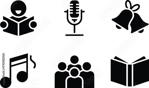 Christmas music and carol silhouette icons set. choir, microphone, bells, book, musical note vector illustration