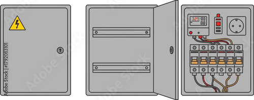 Electrical panel with open door showing circuit breakers and power outlet