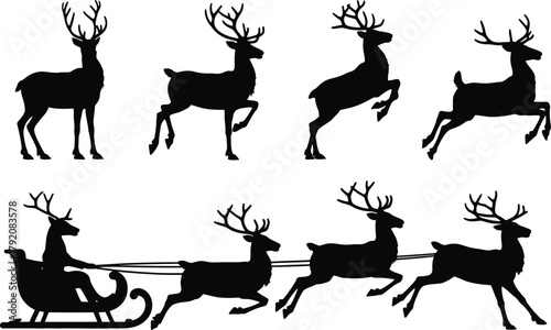 Christmas reindeer silhouette icons set. santa sleigh, running deer, holiday winter vector illustration