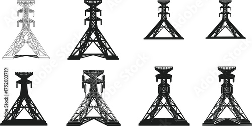 Electric power pylons silhouette, transmission towers collection, industrial electricity structures, high voltage energy grid, engineering infrastructure design, utility power illustration