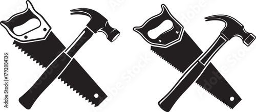 Two crossed hand saws and hammers silhouette
