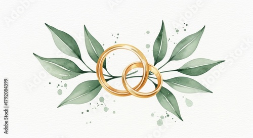 Watercolor Wedding Rings with Green Leaves and Splatters, Marriage, Love, Commitment