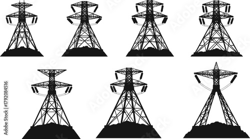 High voltage electricity pylons silhouette, power transmission towers illustration, industrial energy infrastructure, steel lattice tower design, electric grid engineering, voltage network