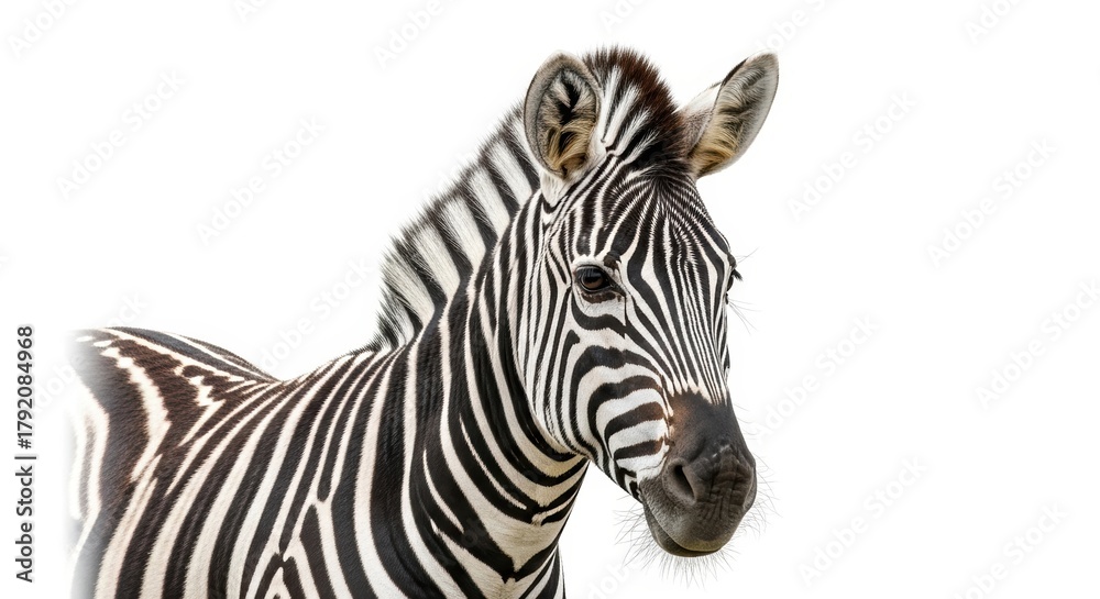 Obraz premium Close-up of a Zebra's Head and Mane on White Background, Animal, Wild, Wildlife