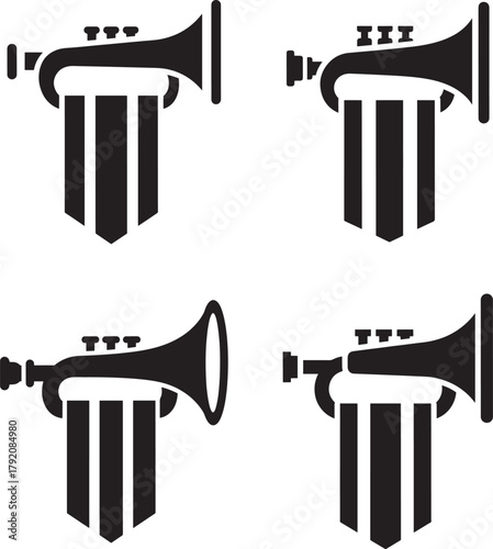 Four black trumpet silhouettes with vertical stripes
