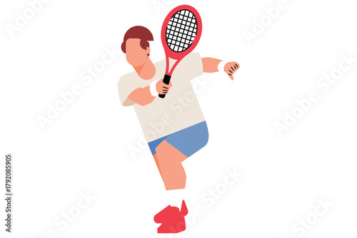 Minimalist vector illustration of tennis player in action on white background. Flat design with bold colors captures dynamic motion and sporty energy.