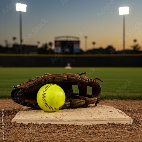 a pristine white softball resting in the webbing of a weathered brown leather glove, placed on home plate with the stadium's outfield fence and lights blurred in the background during golden hour