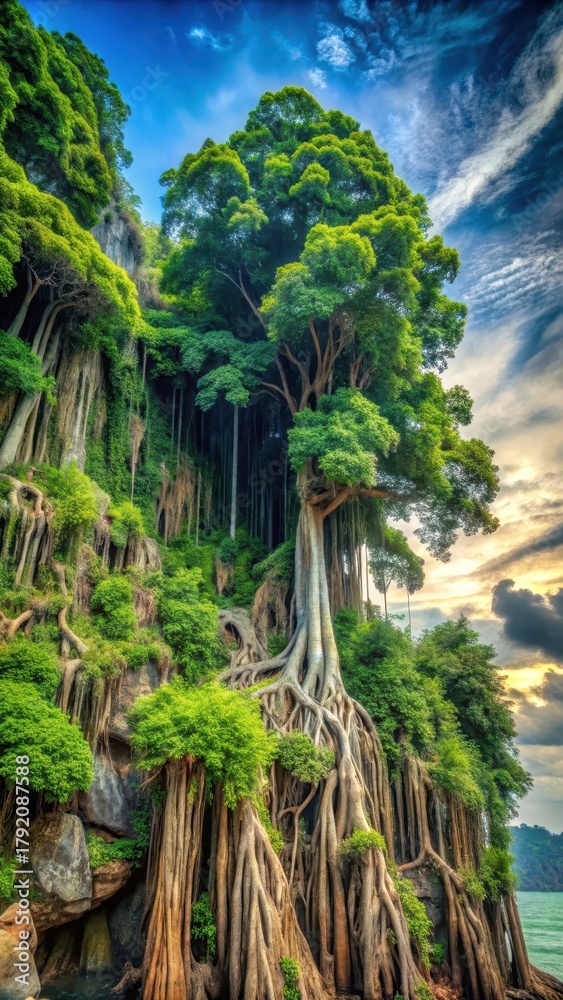 Fototapeta premium Tropical island landscape featuring dense green foliage covering rugged rocky outcrops with intricate tree roots and vines