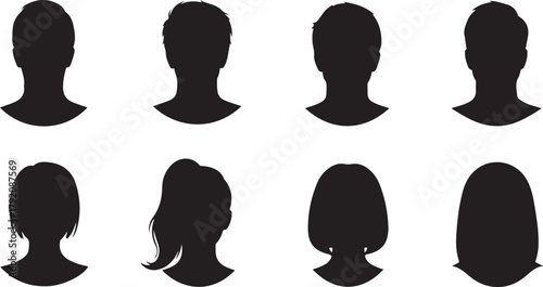 Diverse Human Head Silhouettes: Male and Female Hairstyles