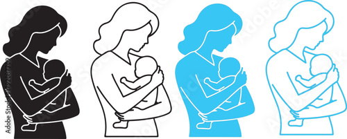 Mother and Baby Silhouette Icons: Black, White, and Blue Line Art