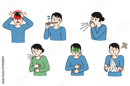Human Symptoms Vector Set — People with Illness and Pain Icons v2
