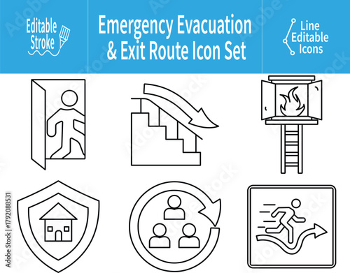 Emergency Evacuation and Exit Route Line Icons featuring running person, stair arrow, fire escape ladder, safety shield, group muster point, and directional exit sign for building safety planning