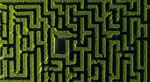 Aerial drone view of a dense green hedge maze with intricate pathways and a central square opening