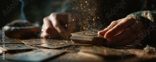 As hands gracefully shuffle the tarot cards, they create a mesmerizing scene filled with the enchanting glow of incense and shimmering golden dust. This captivating setup fosters a mystical atmosphere