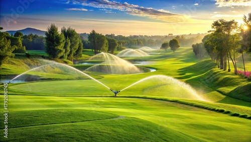 A lush green golf course with a sprinkler system watering the grass