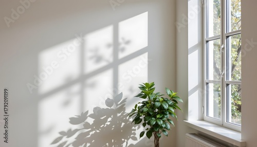 Minimalist Interior Space with Large Window Casting Shadows of a Potted Plant in Natural Light