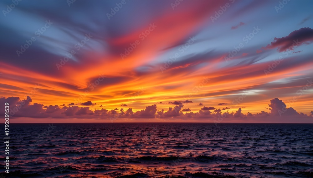 Naklejka premium Vibrant Sunset Over Ocean Waters with Dramatic Cloudscape and Multicolored Sky