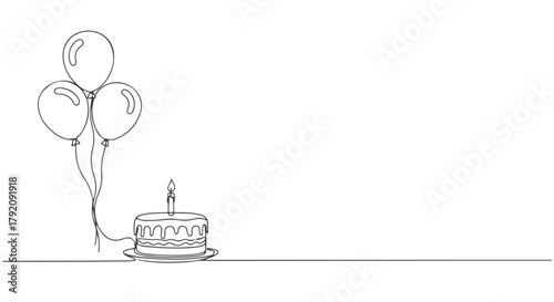A festive birthday celebration captured in a minimalist one line continuous drawing of a cake with a candle and floating balloons