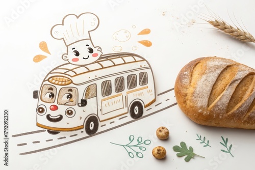 Cute cartoon chef on a bread truck with fresh food