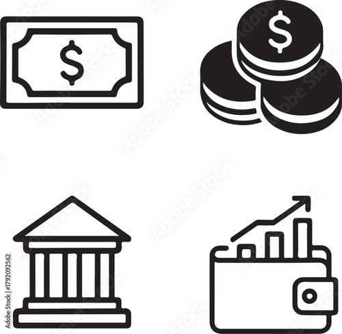 Isolated Finance black vector icon set, finance icons, money coins bank chart wallet design, solid black outline filled minimal thin stroke, financial business symbols