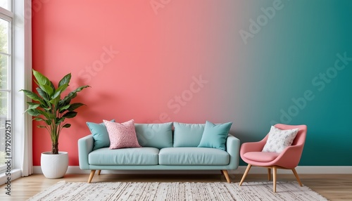 Modern Living Room Interior with Coral and Teal Ombre Wall and Comfortable Sofa and Chair