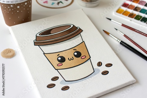 Cute cartoon coffee cup illustration on canvas
