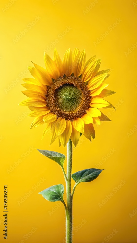 Obraz premium Sunflower bulb on bright yellow background with single flower opening