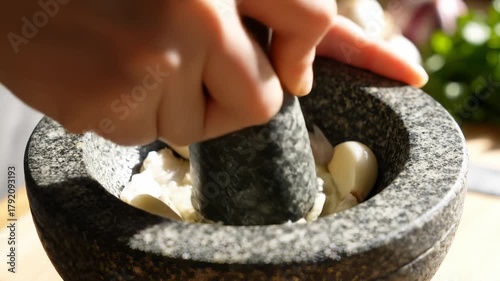 Crushing Garlic Cloves With Mortar and Pestle for Cooking