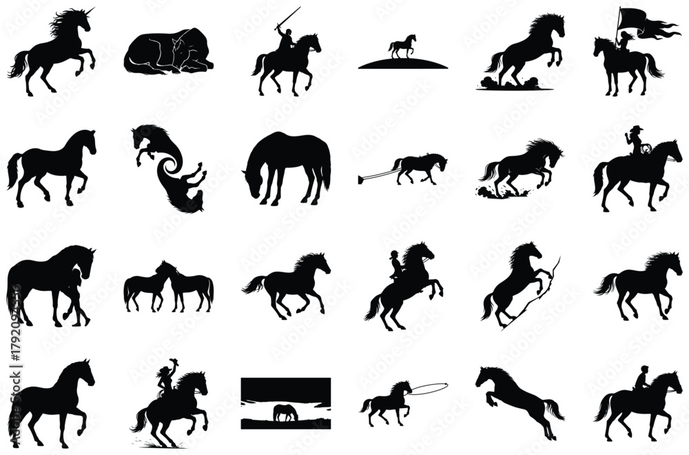Fototapeta premium Collection of Horse Silhouettes in Various Poses unicorn