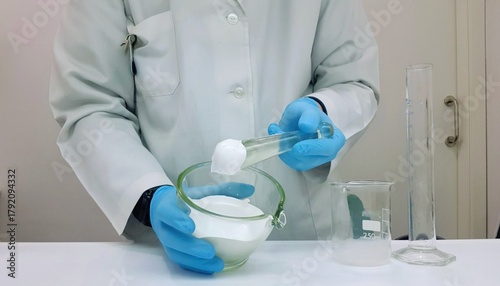 Pharmacist compounding ointment in a laboratory mixing ingredients