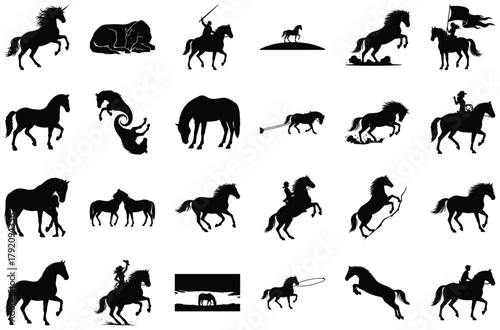 Collection of Horse Silhouettes in Various Poses unicorn