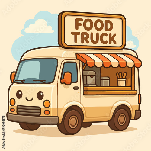Classic Food Truck Serving Street Snacks Flat Vector Illustration
