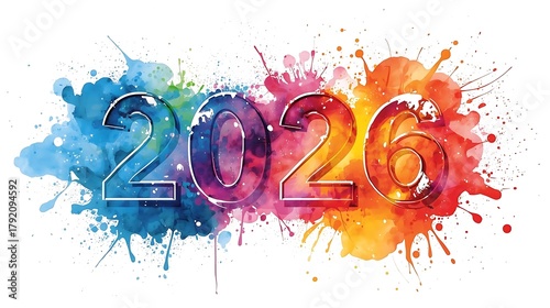 Colorful watercolor splash design featuring the year 2026 for new year celebrations