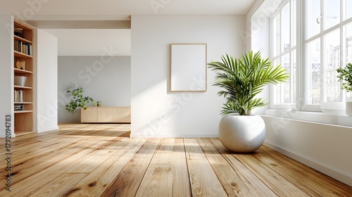 Bright And Spacious Minimalist Living Room With Natural Light And Indoor Plants In Modern Home