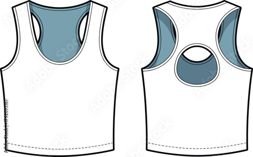 Sports tank top flat sketch, racerback gym singlet CAD design, women activewear fashion vector, athletic clothing template front and back view illustration