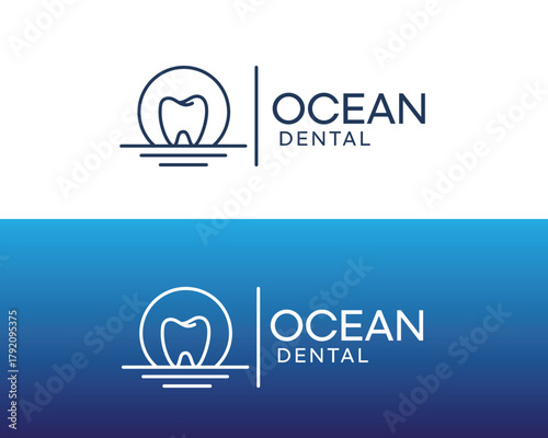 Ocean dental logo ocean and sunset with dental in the middle line art concept logo design inspiration