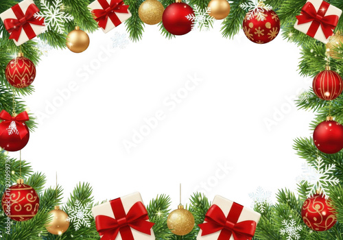 Festive christmas frame with fir branches, ornaments, presents isolated on transparent background