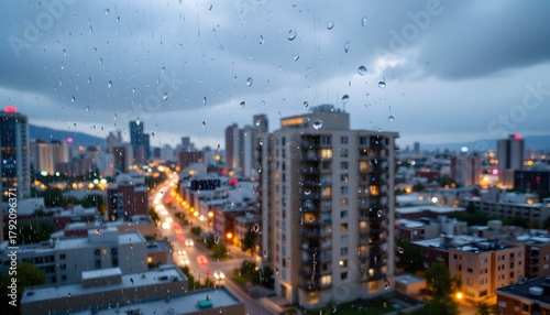 Wallpaper Mural Rain Droplets on Window Overlooking City Skyline at Night with Lights and Cloudy Sky Torontodigital.ca