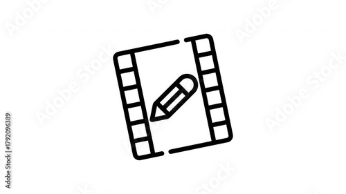 Video editing icon with pencil on film strip background. Perfect for design projects related to video editing or film production.
