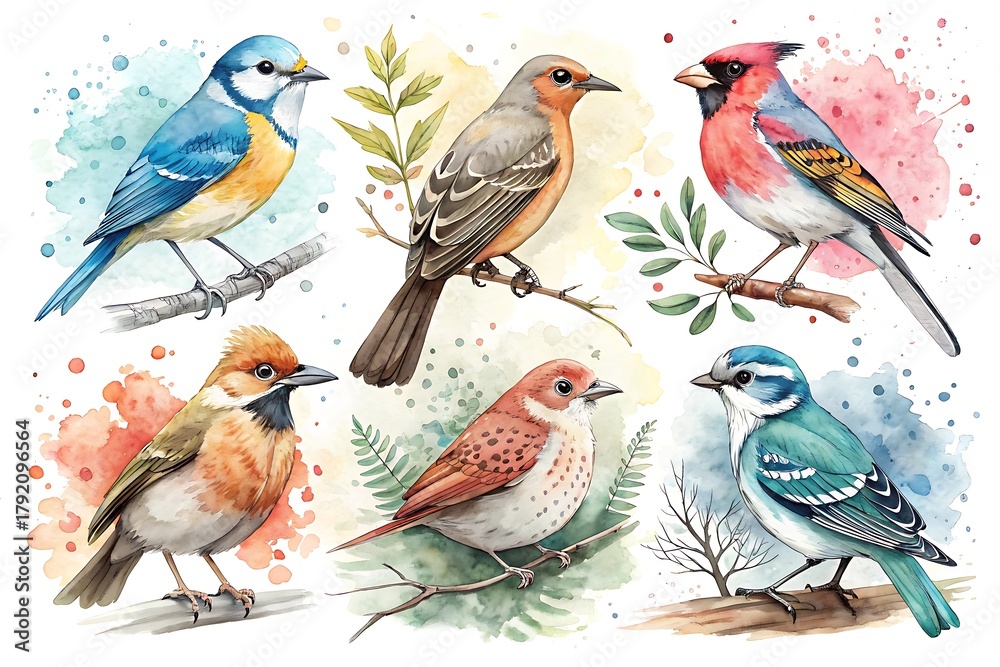 Fototapeta premium Set of six birds with different colors and sizes