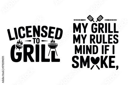 Two graphic designs featuring phrases related to grilling and barbecuing with illustrative elements.