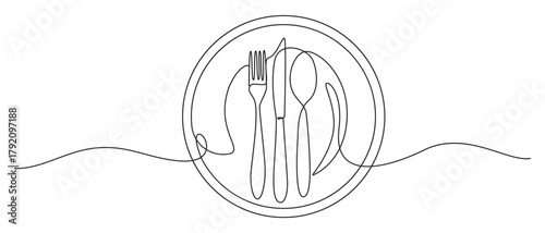 Continuous Line Art of Dinner Plate and Cutlery,Continuous Line Art of Plate with Spoon and Fork,Continuous Line Drawing of Plate, Fork, and Knife,Minimalist One Line Art of Fork, Knife, and Spoon,