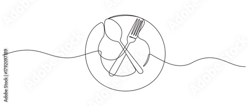 Continuous Line Art of Dinner Plate and Cutlery,Continuous Line Art of Plate with Spoon and Fork,Continuous Line Drawing of Plate, Fork, and Knife,Minimalist One Line Art of Fork, Knife, and Spoon,