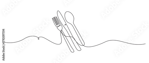 Continuous Line Art of Dinner Plate and Cutlery,Continuous Line Art of Plate with Spoon and Fork,Continuous Line Drawing of Plate, Fork, and Knife,Minimalist One Line Art of Fork, Knife, and Spoon,